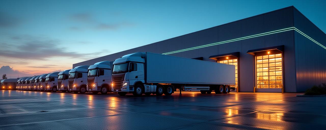 Fleet of transport trucks and logistics warehouse at Grandia Supply Chain facility